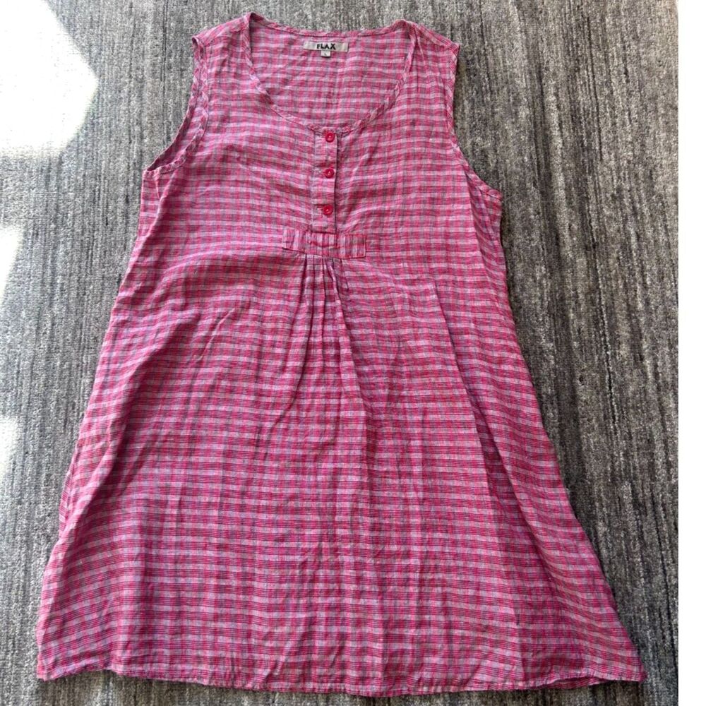 Flax Plaid Dress 100% Linen Pockets L